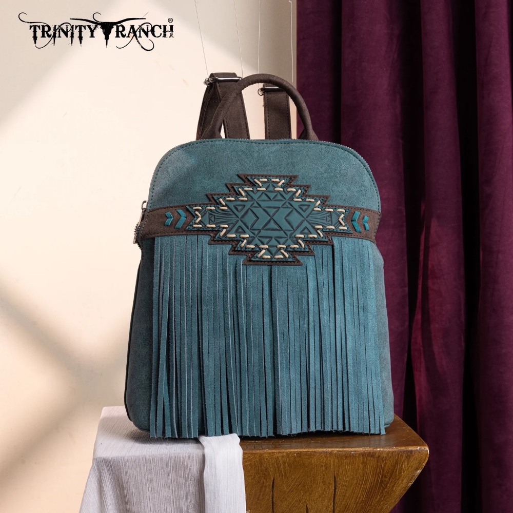 Trinity Ranch Aztec Tooled Fringe Concealed Carry Backpack Turquoise